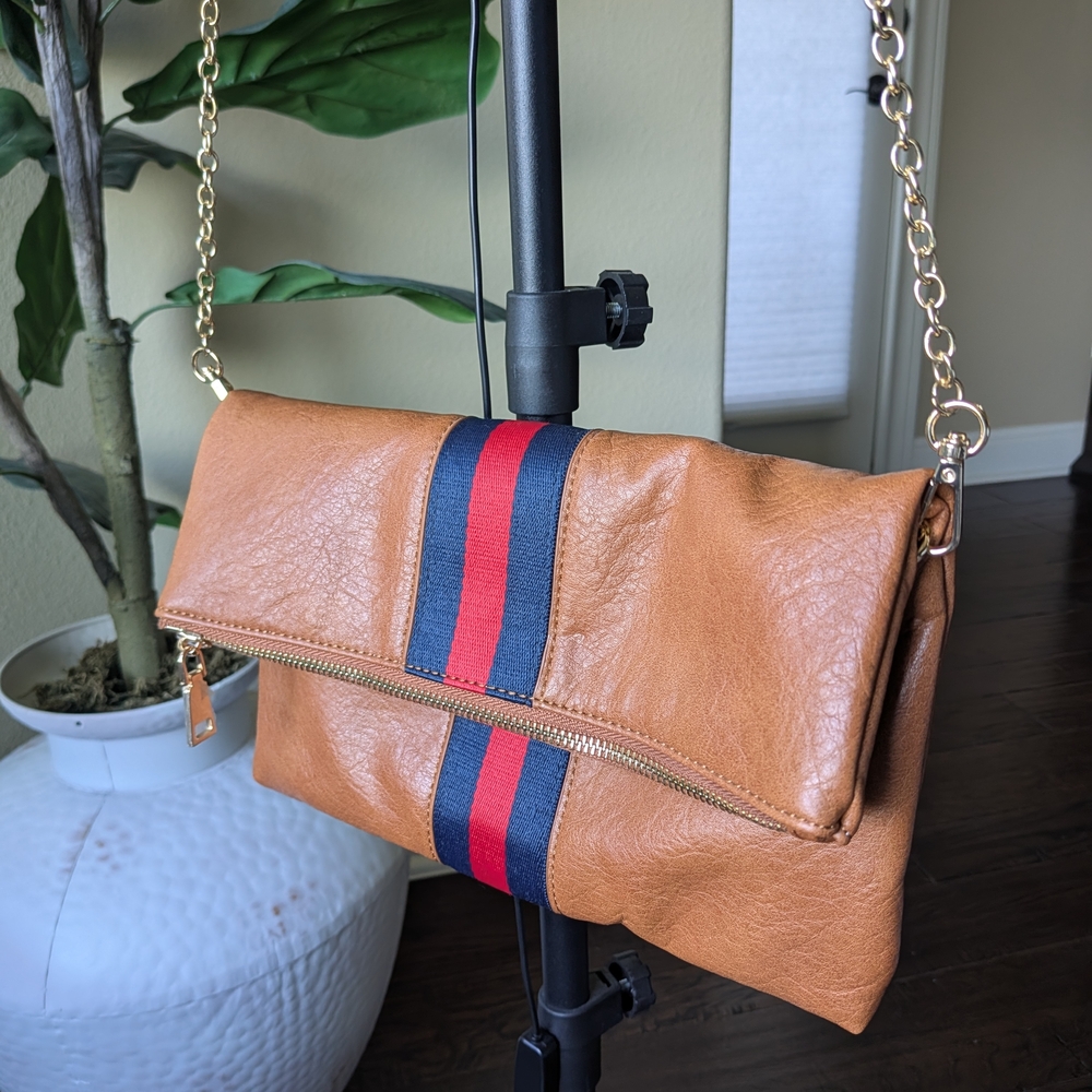 Moda Luxe Tan Crossbody Clutch with Navy and Red Stripe